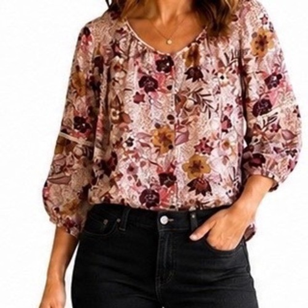 Knox Rose XXL Pink‎ Floral Button Front Boho Blouse 3/4 Balloon Sleeve Rayon